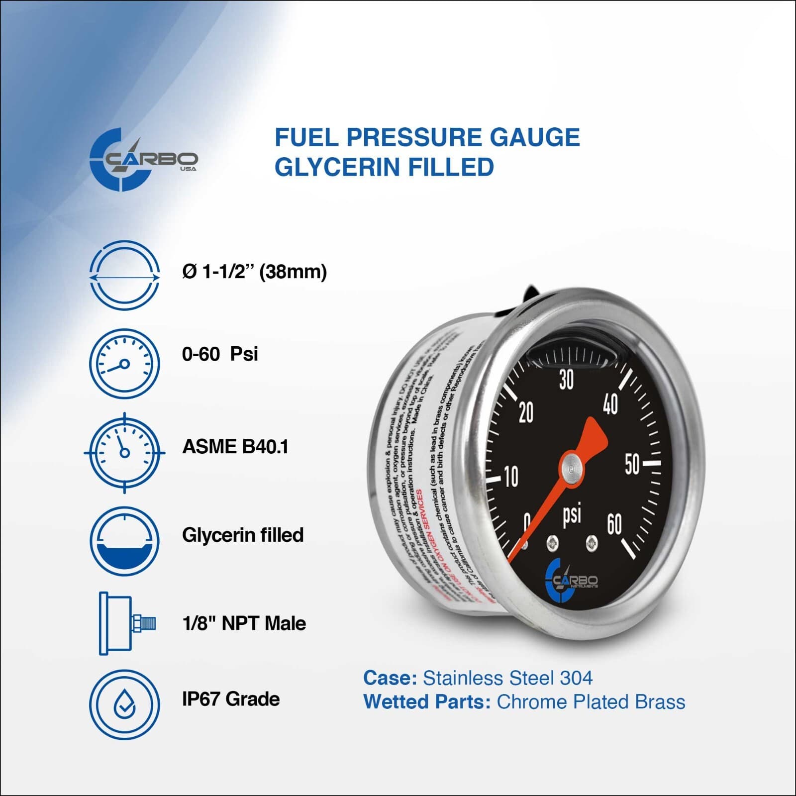 CARBO Gauge 0-60 psi Fuel Pressure Oil Pressure 1.5" Liquid Filled, Black Dial  2