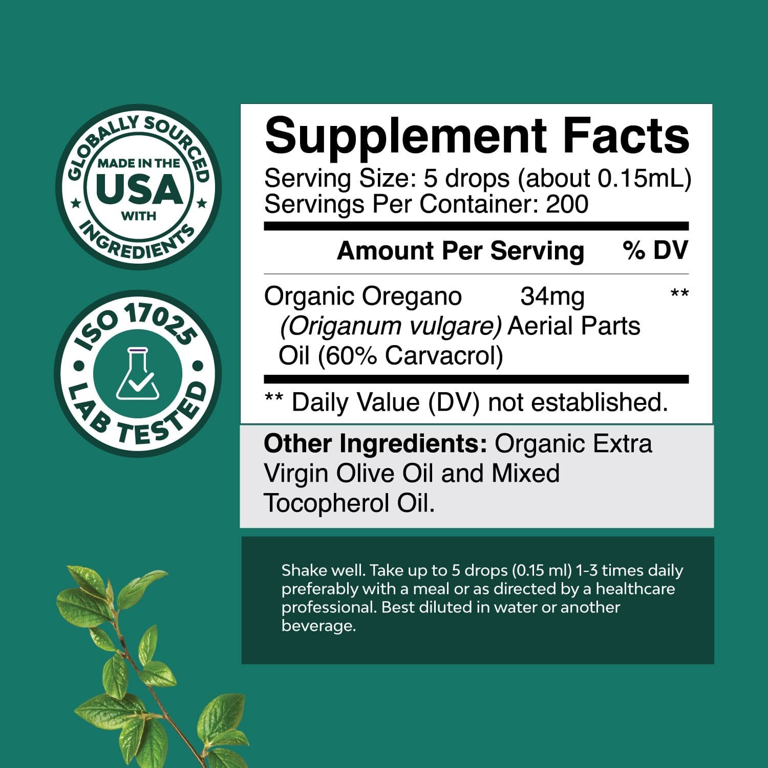 Oregano Oil Organic Liquid Drops for Adults and Kids - Super Concentrated USDA 3