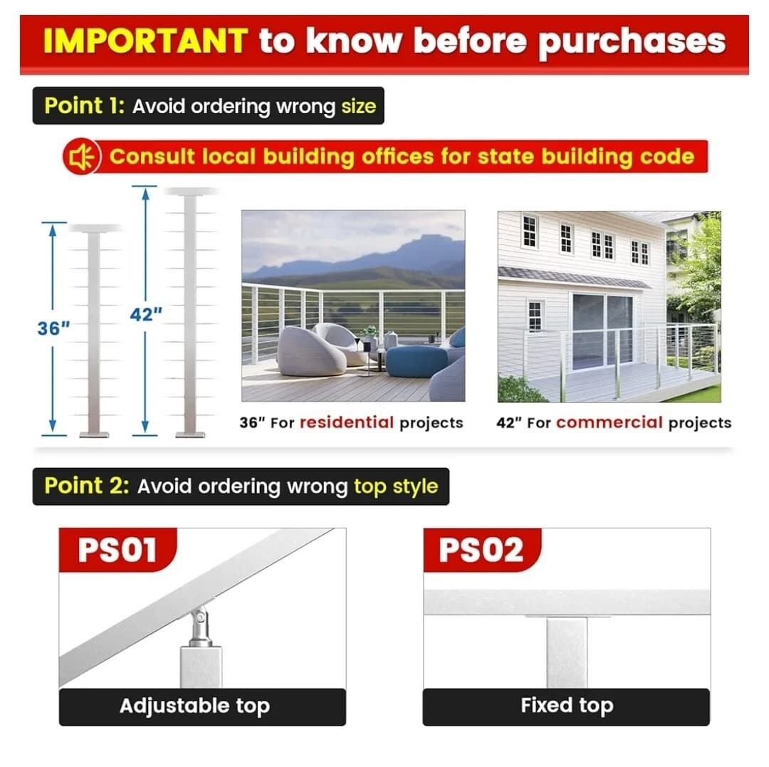4 Pack Level drilled Cable Railing Line Post 42"x2"x2" Adjustable Top Level Deck 2