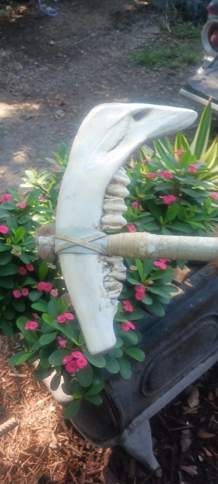 **AWESOME OLDER  NATIVE AMERICAN BISON JAWBONE TOMAHAWK  FRINGE VERY NICE ! ** 3