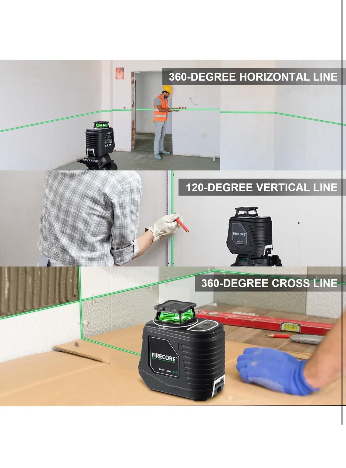 Firecore Laser Level with Tripod, 360° Self Leveling Cross Line Laser Level, Gre 3