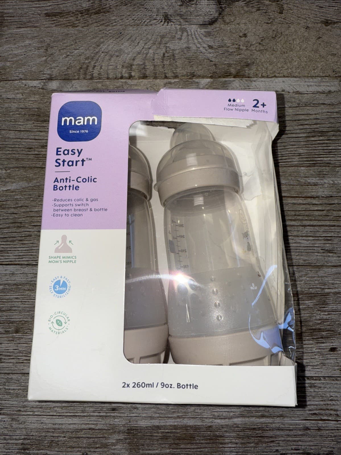 2 pack~MAM Easy Start Anti-colic Baby Bottle 9 Oz 2 Months -Open box/Damaged box
