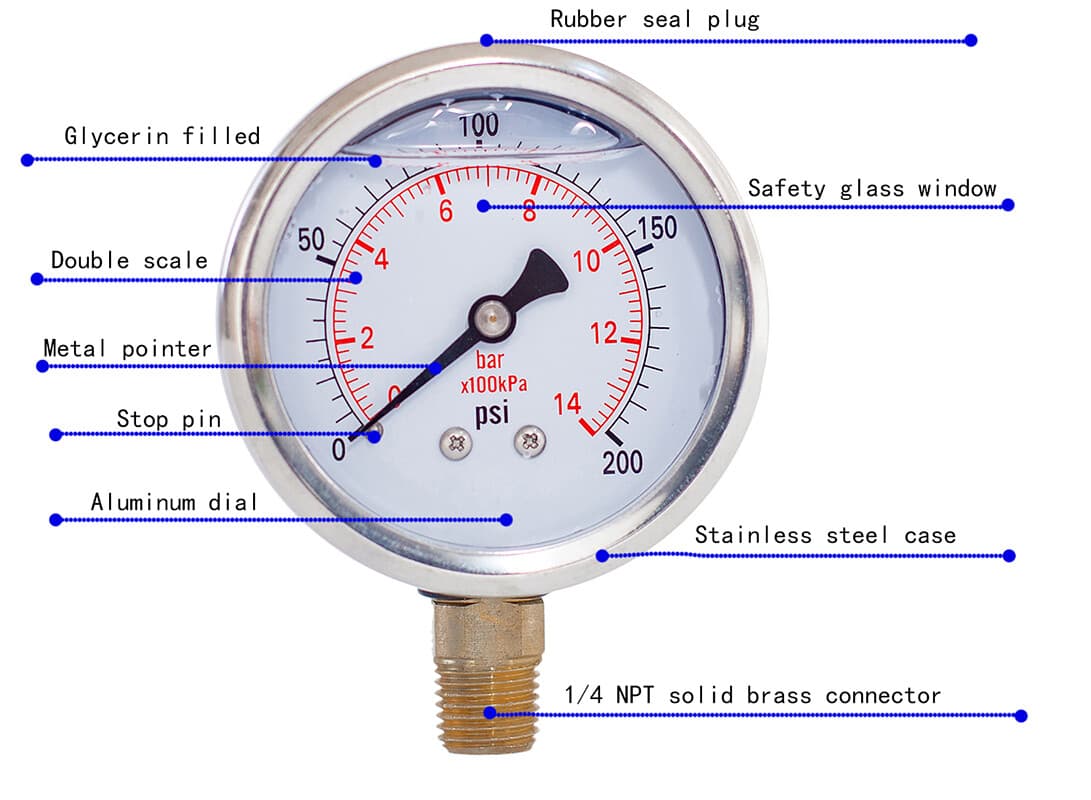 Pressure Gauge,Glycerin Filled,2-1/2" Dia,0-200 psi,1/4 NPT lower mount 4