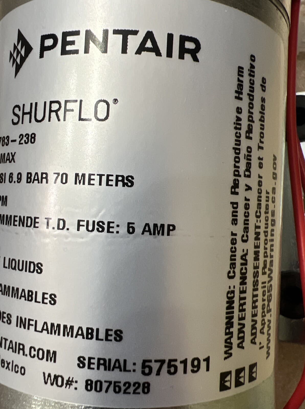 Pentair Shurflo 8000-783-238 Fluid Pump 36V 3 Amp 1.6 GPM 100 PSI  NEW 11-179-00 3