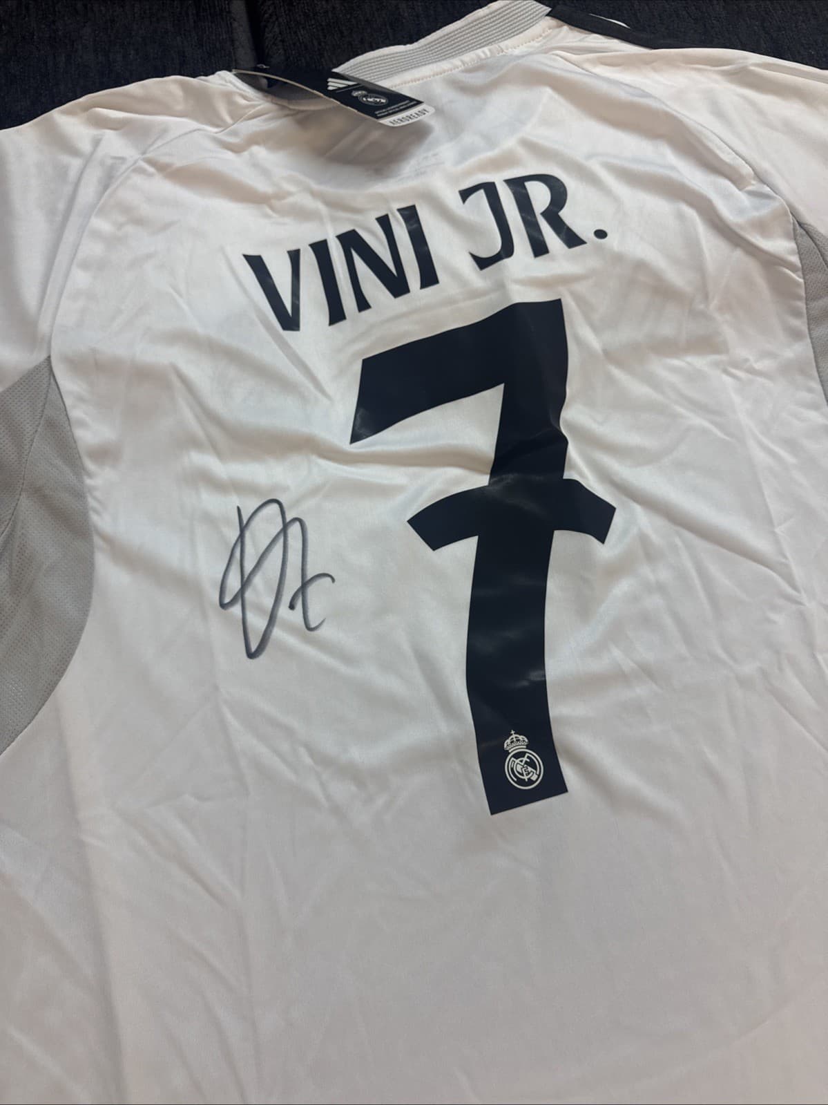 Autographed/Signed Vini Vinicius Jr. Real Madrid White Soccer Jersey Proof w/COA 2
