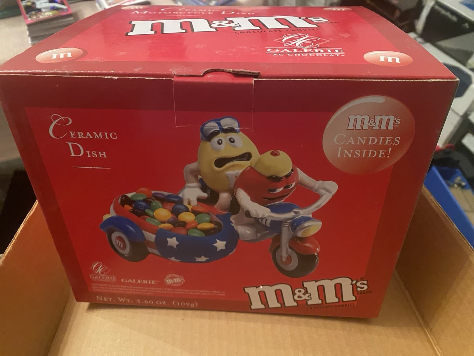 M&M's Motorcycle with Sidecar Candy Dish Ceramic Galerie 2002 Red Yellow