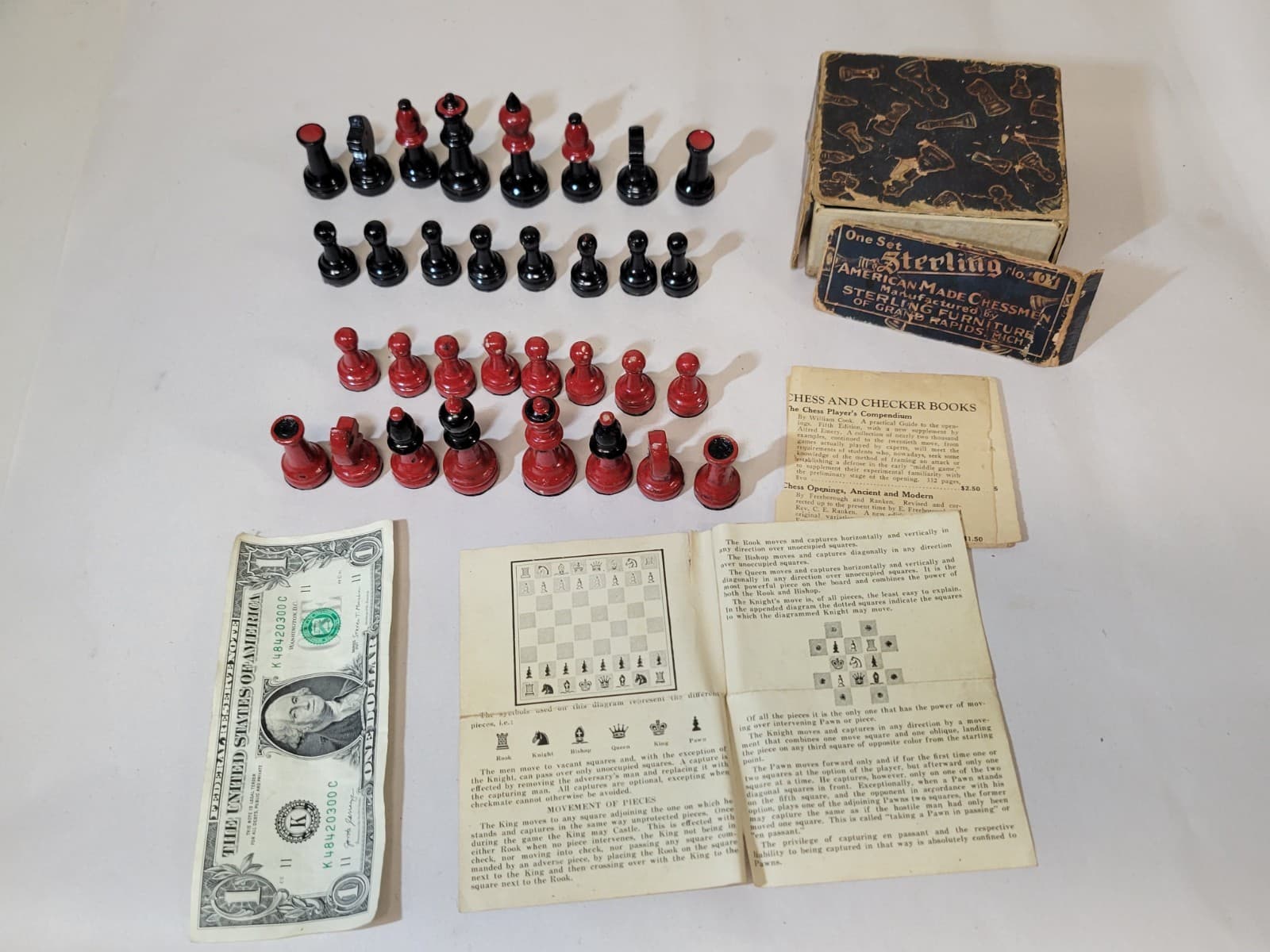 1920s Sterling Furniture Wood Chess Set Pieces Box Instructions Vintage Art Deco 2