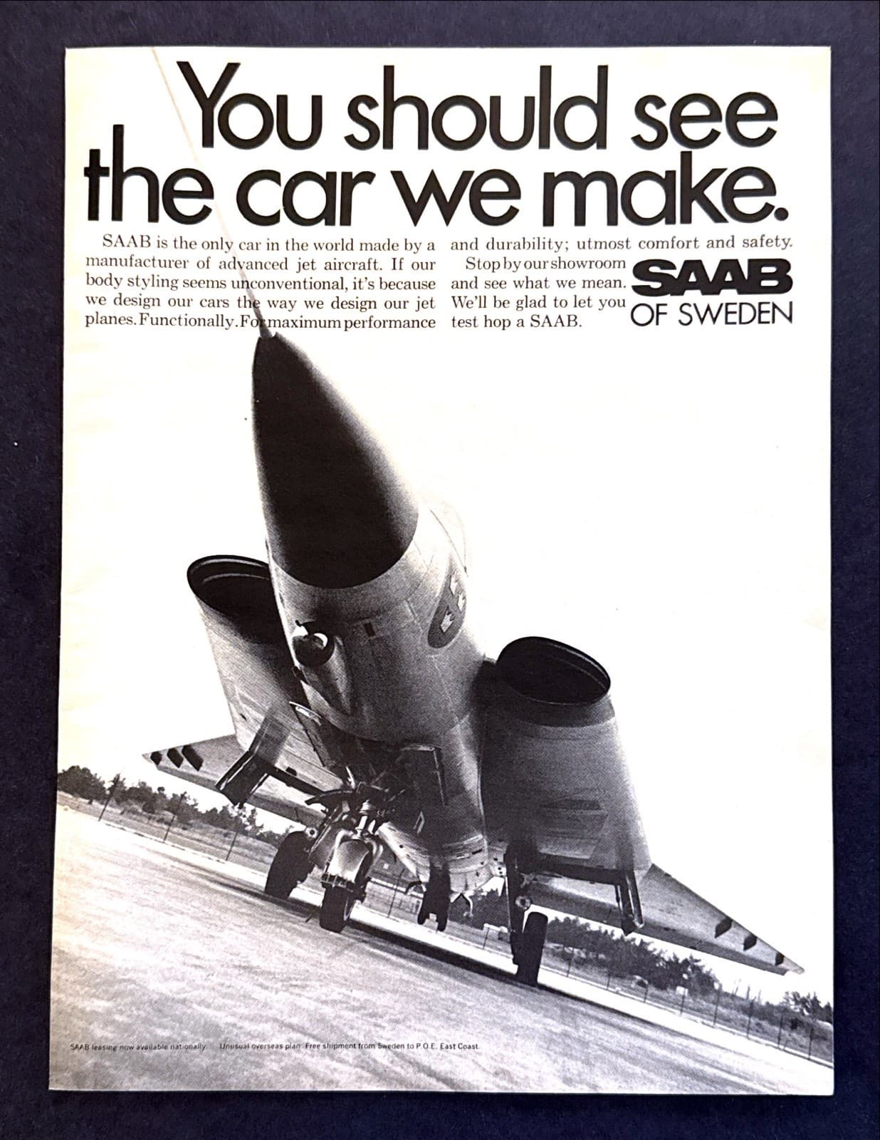 1969 Saab Jet Fighter Plane photo "You Should See the Car We Make" print ad