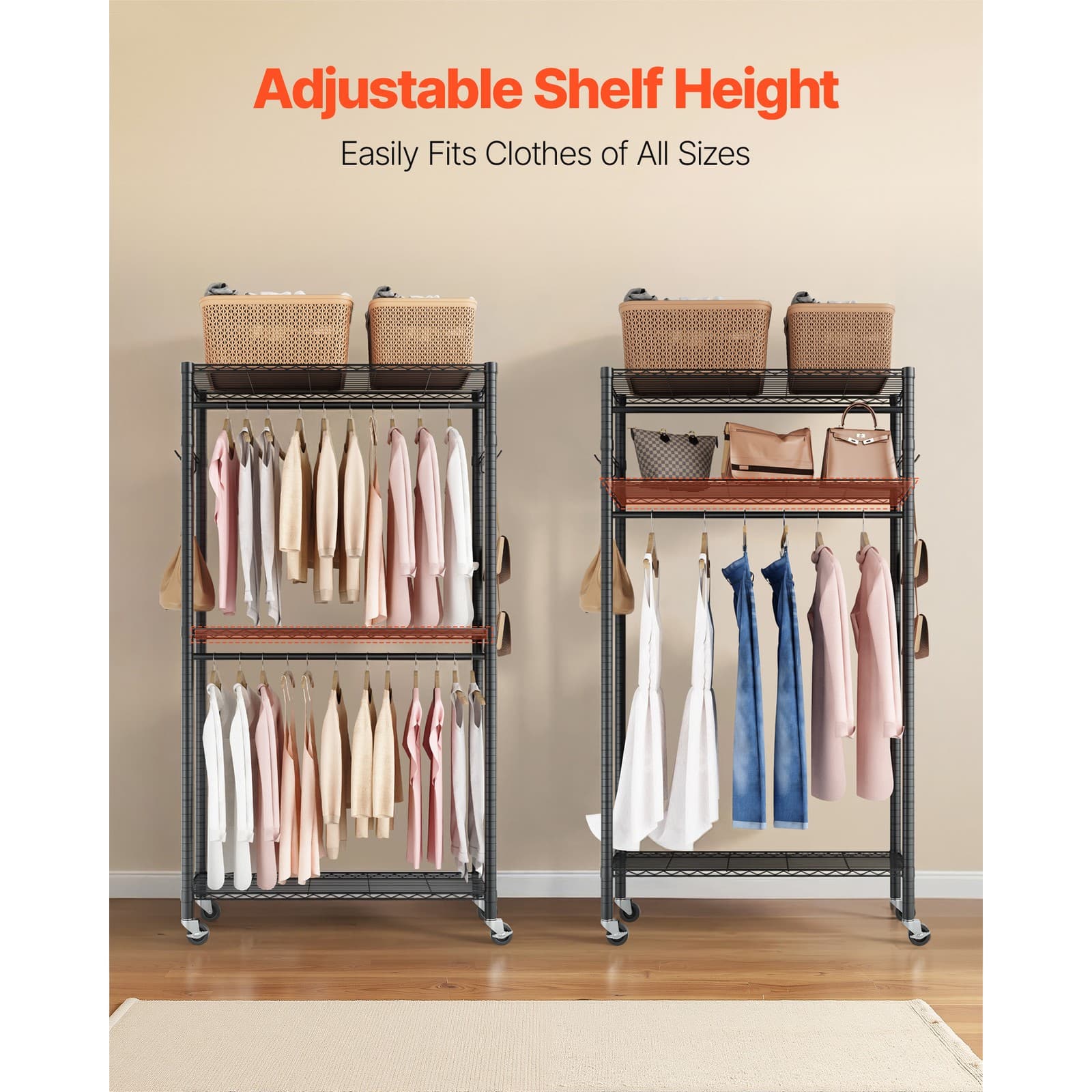 Uimoso Adjustable 3-Tier Rolling Garment Rack for Clothing Storage, Black 5