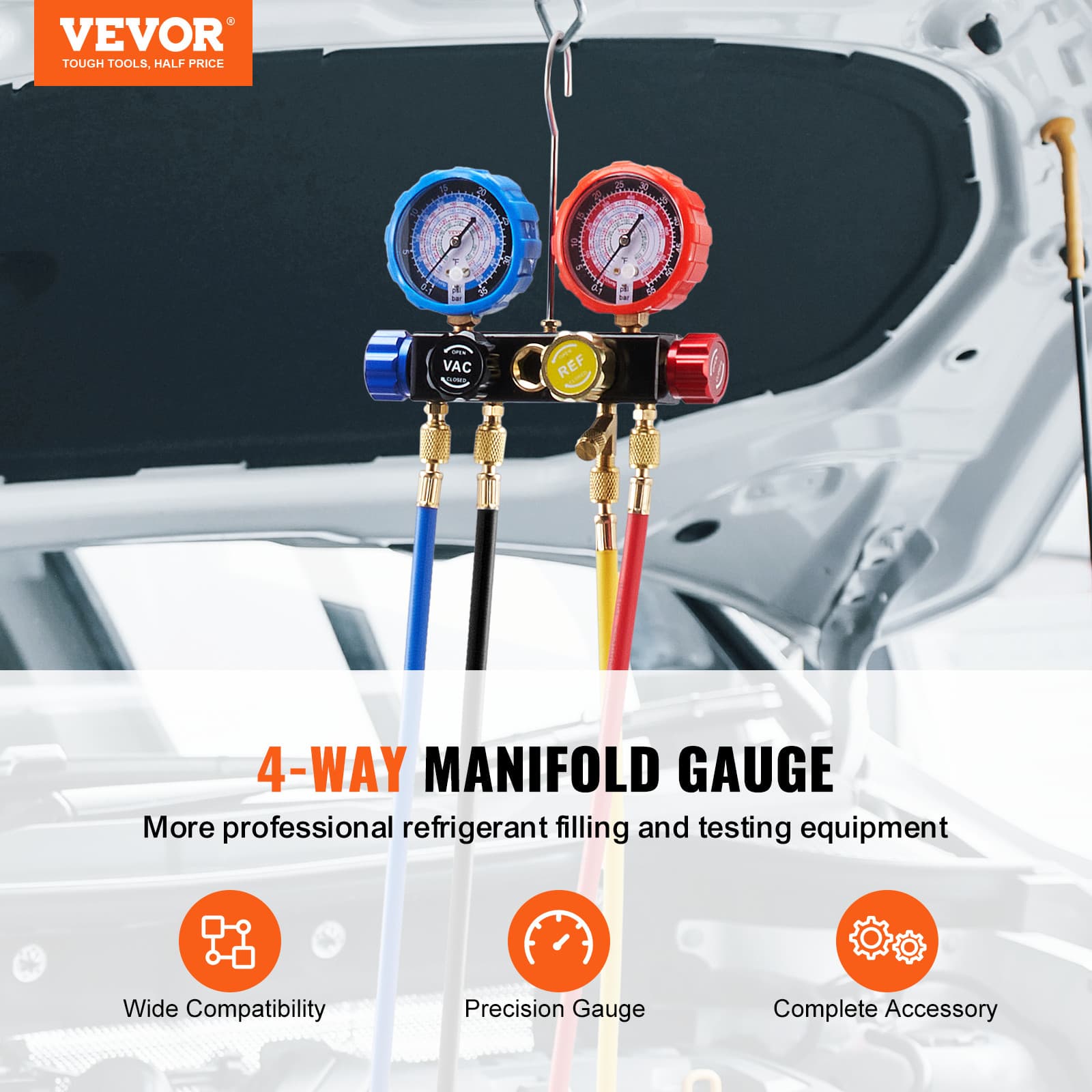 VEVOR AC Manifold Gauge Set 4-Way Fit R134A R12 R410A Refrigeration Charging 2