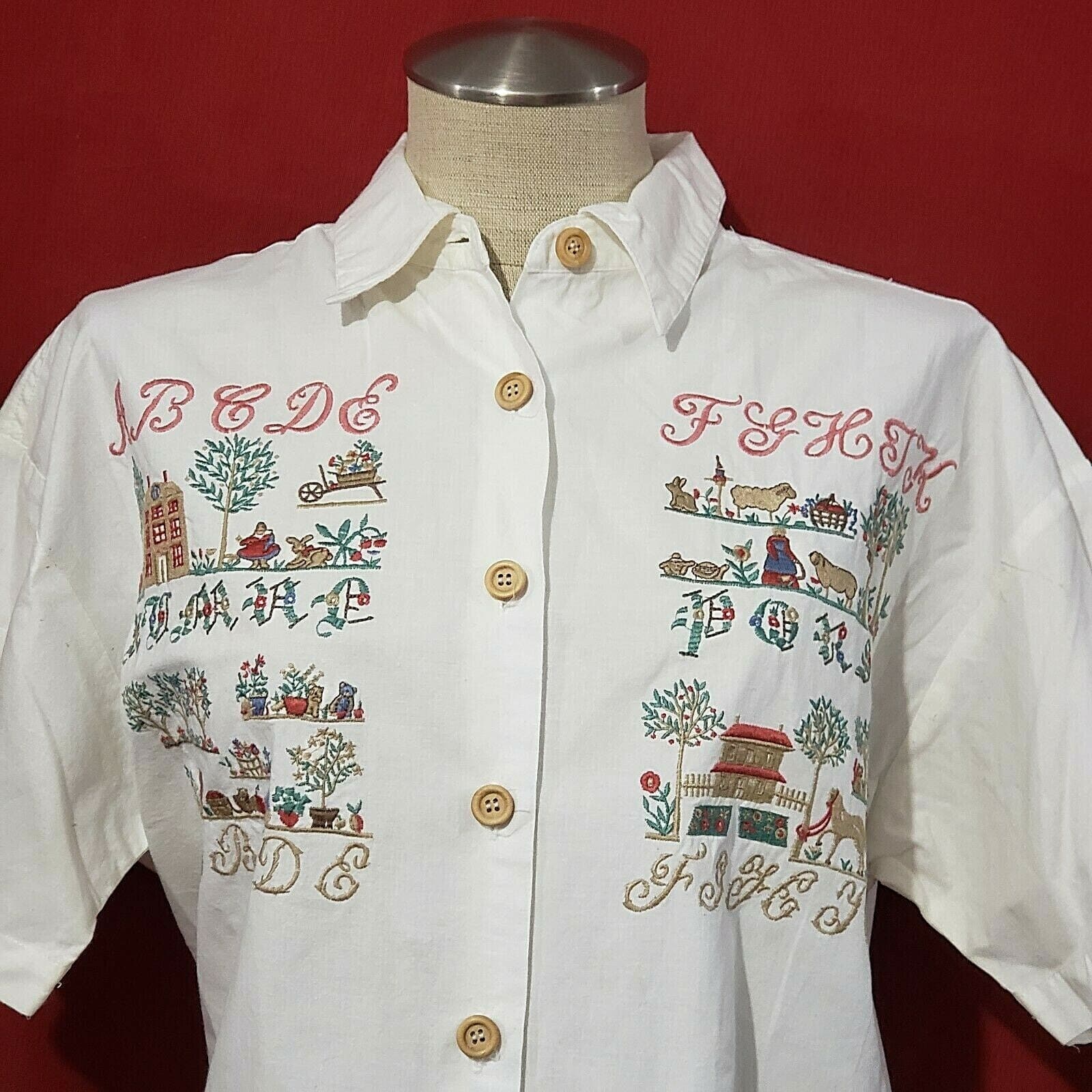 Vtg White Cotton Embroidered Country Style Top Shirt Short Sleeve  M 3