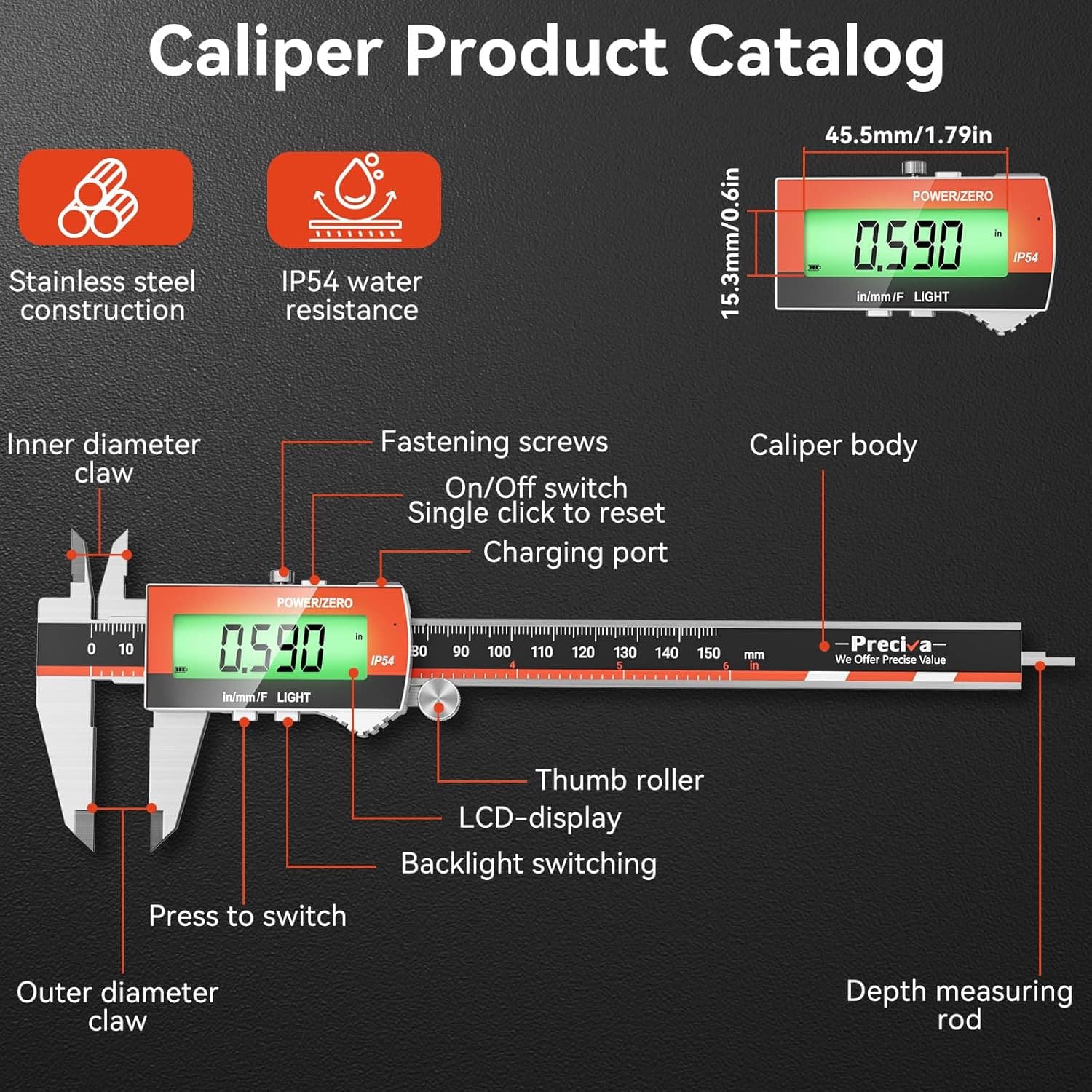 Digital Caliper, Rechargeable 6 Inch Vernier Caliper with Large LCD Screen Stain 6