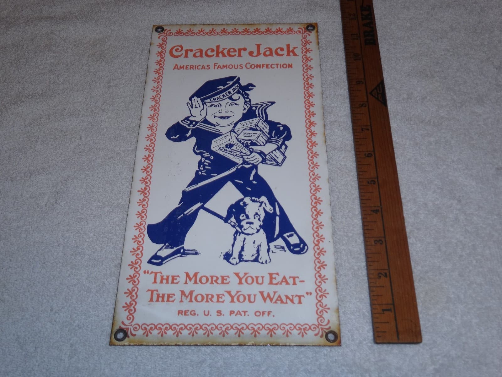 VINTAGE CRACKER JACK CANDY SAILOR & DOG  🐶  12" PORCELAIN METAL CONFECTION SIGN 2