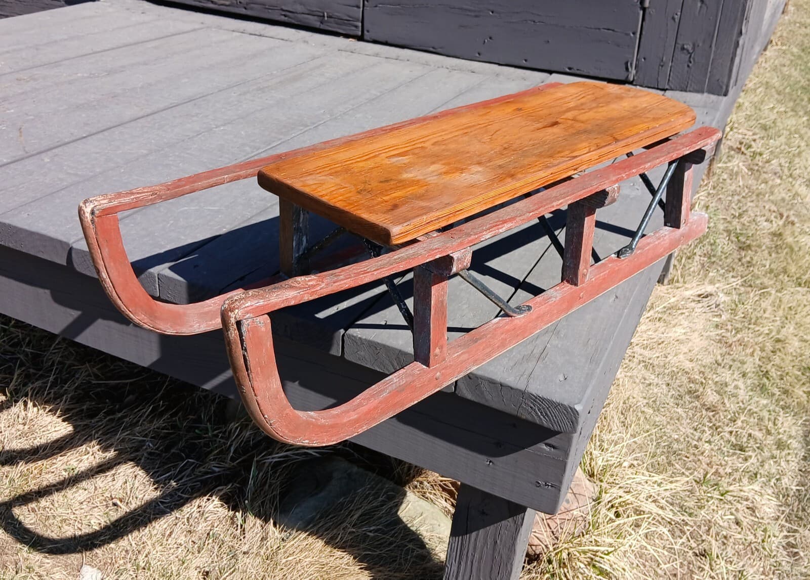 Antique Primitive Wooden Sled in Old Red Paint 1870s