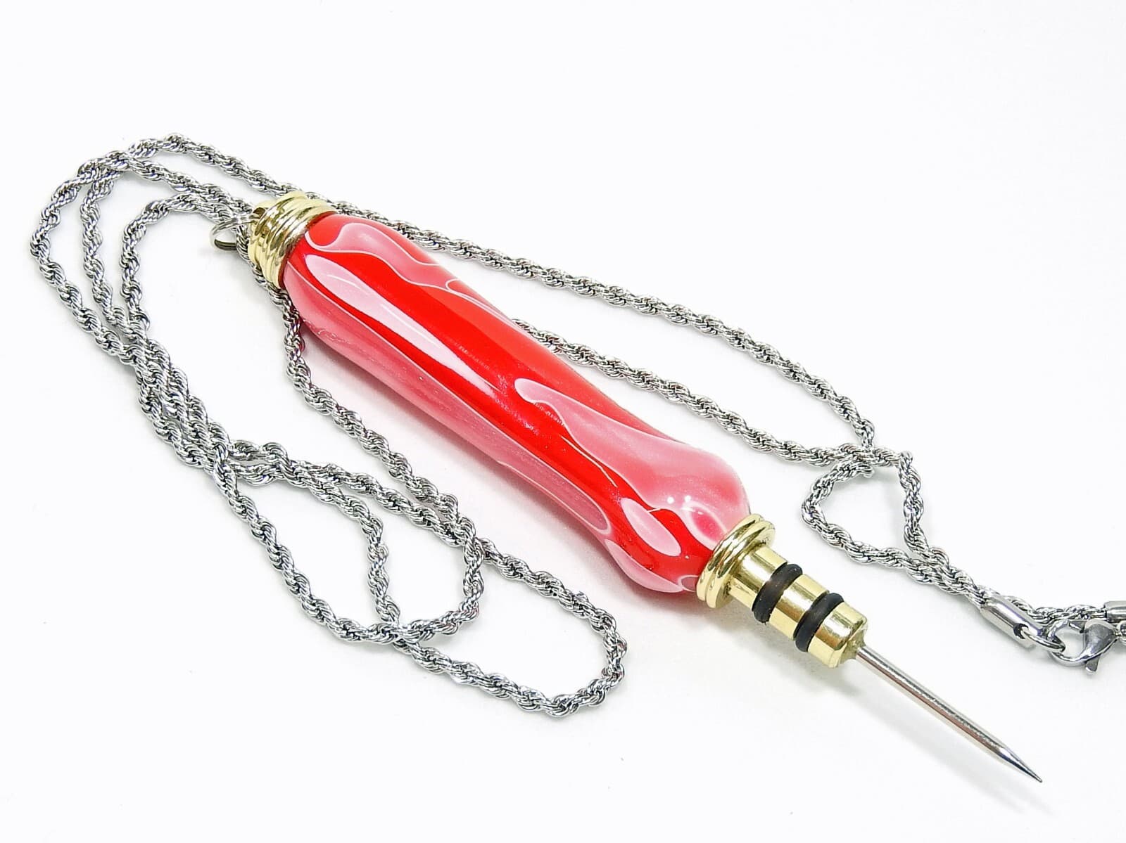 Handmade Seam Ripper Necklace w/ Stiletto, Rose Pink White Garnet Swirl Acrylic 2
