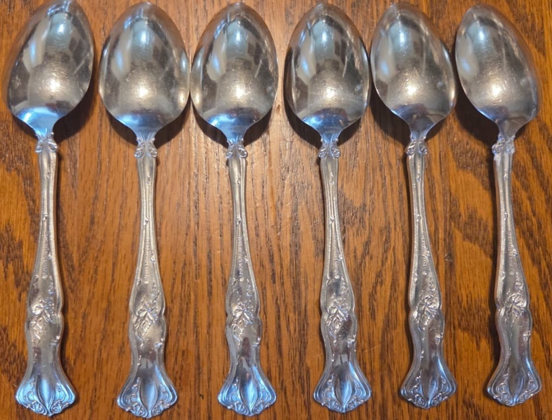 1847 ROGERS BROS VINTAGE GRAPE (1904) SET OF (6) SILVERPLATE TEASPOON 6" NO MONO 6
