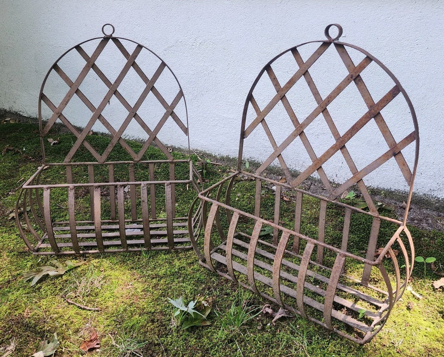VINTAGE MID CENTURY MESH HEAVY WROUGHT IRON WALL PLANTERS 