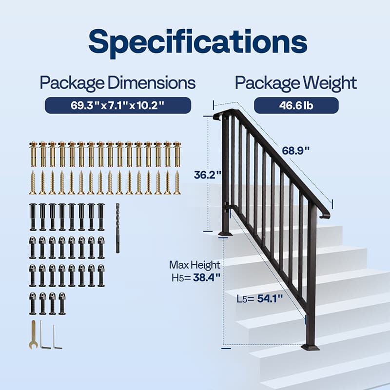 2-Pack 5 Step Hand Rails for Outdoor Steps Wrought Iron Railing for Porch Deck 2