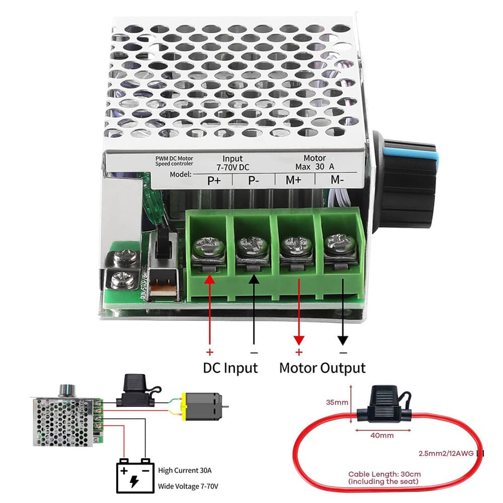 30A 7V-70V PWM DC Motor Speed Controller Switch For Power Wheels Green PCB +Fuse