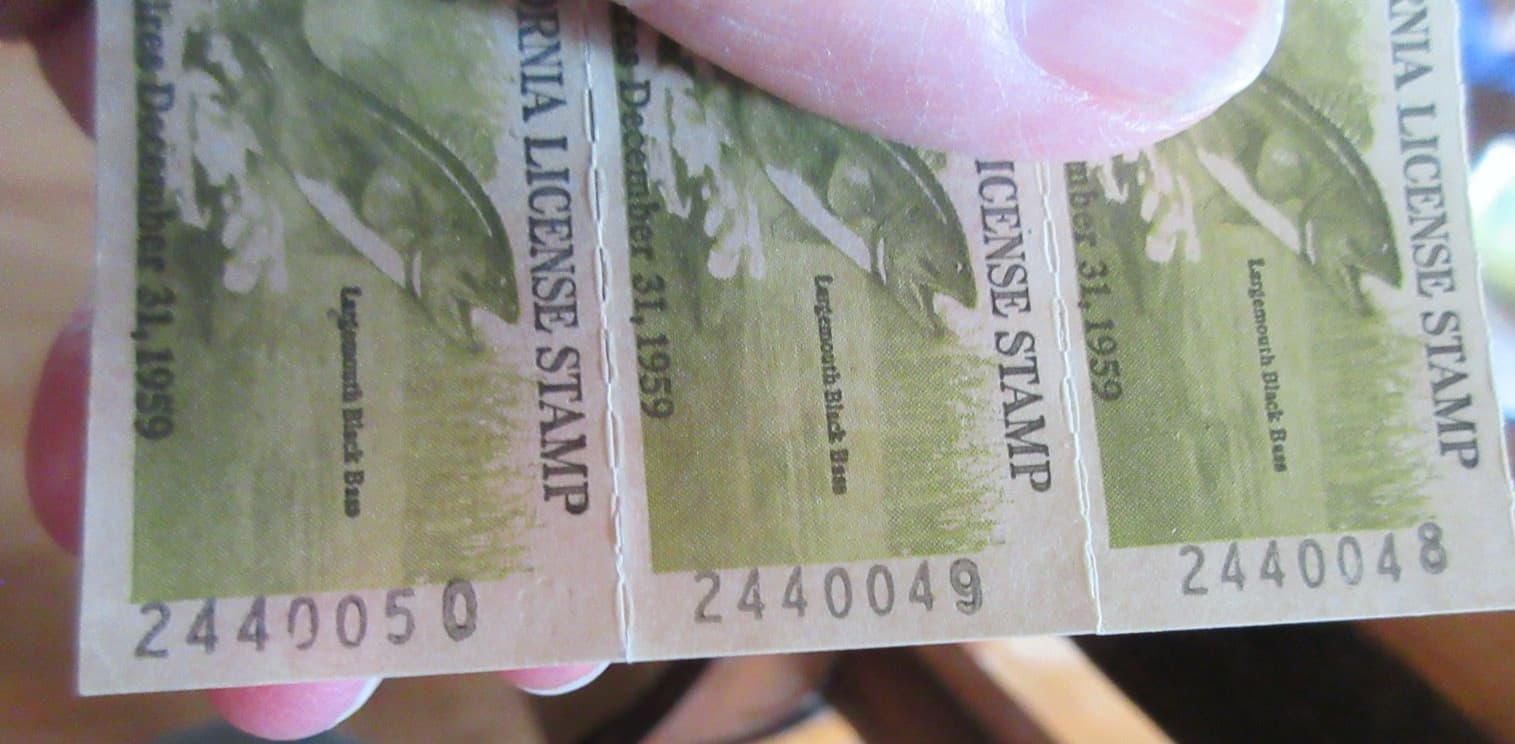 3 1959 California Fishing Stamps Consecutive numbers unused.  (w19) 2