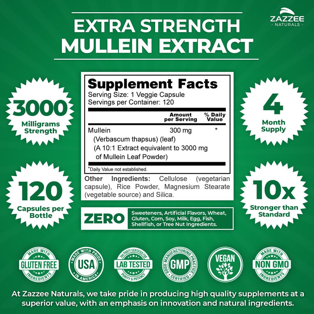 Zazzee Extra Strength Mullein 10:1 Extract, 3000 mg Strength, 120 Vegan Capsules 2