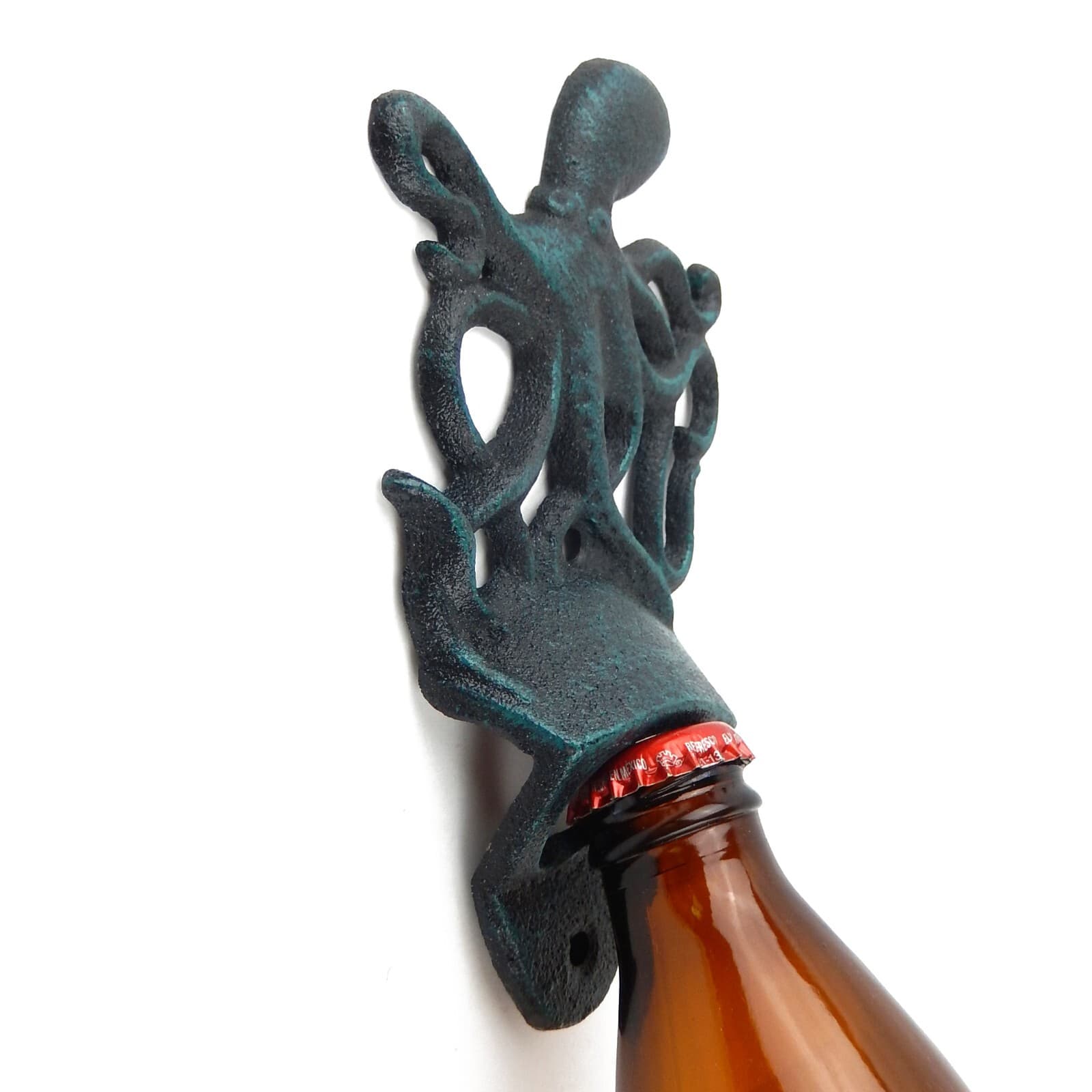 Octopus Beer Bottle Opener Cast Iron Wall Mount Nautical Rustic Sea Worn Blue 2