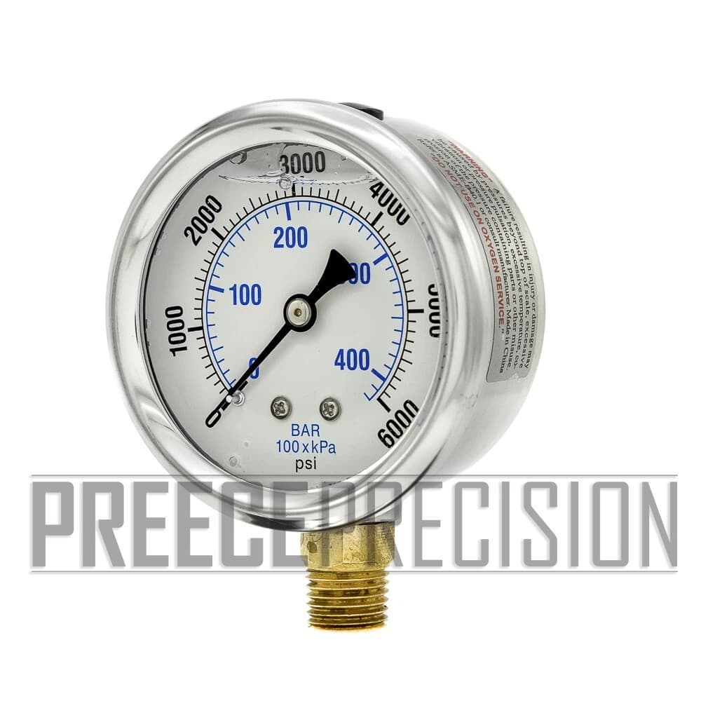 Liquid Filled Lower Mount Pressure Gauge with 2.5" Dial, 0-6000PSI, 1/4"Male NPT