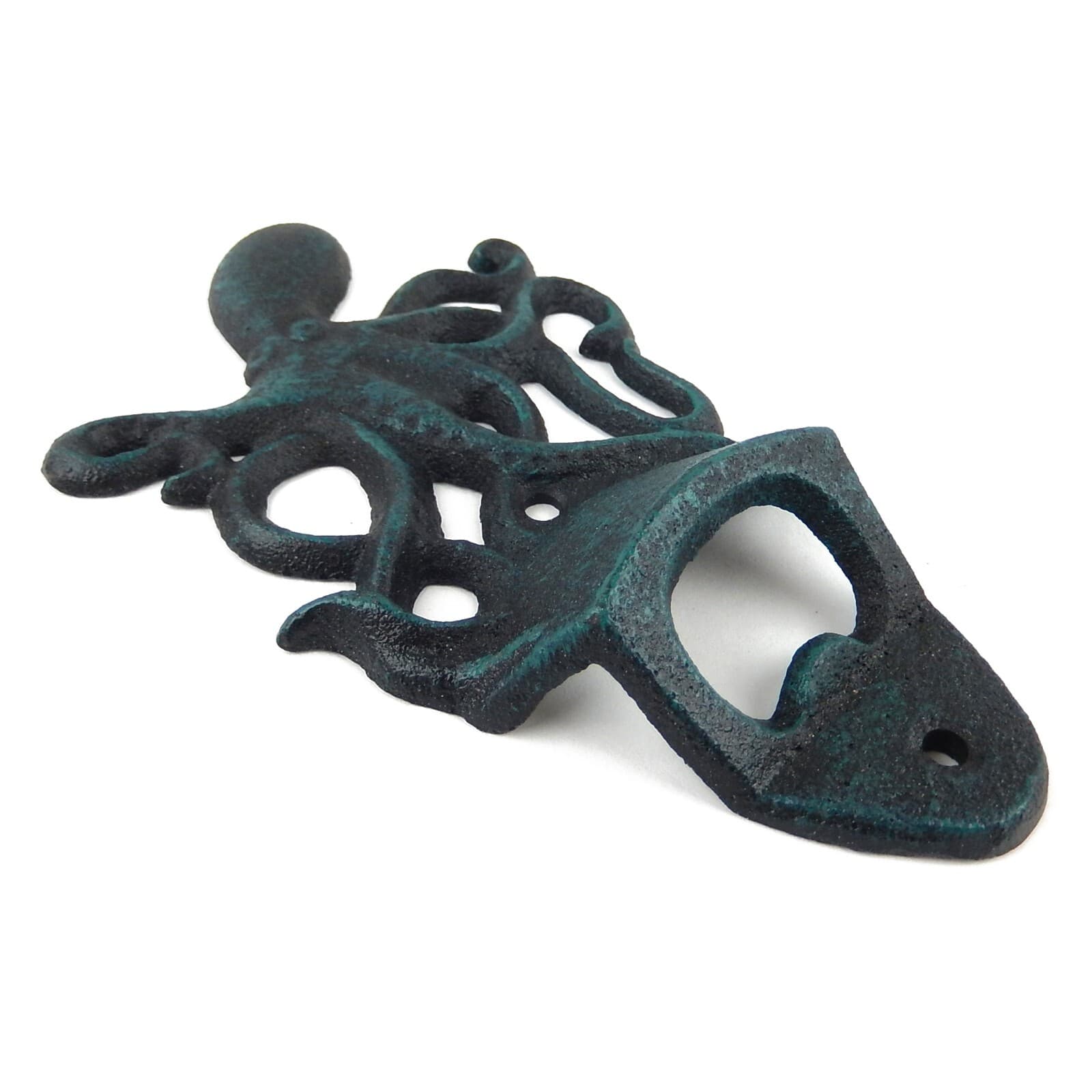 Octopus Beer Bottle Opener Cast Iron Wall Mount Nautical Rustic Sea Worn Blue 4