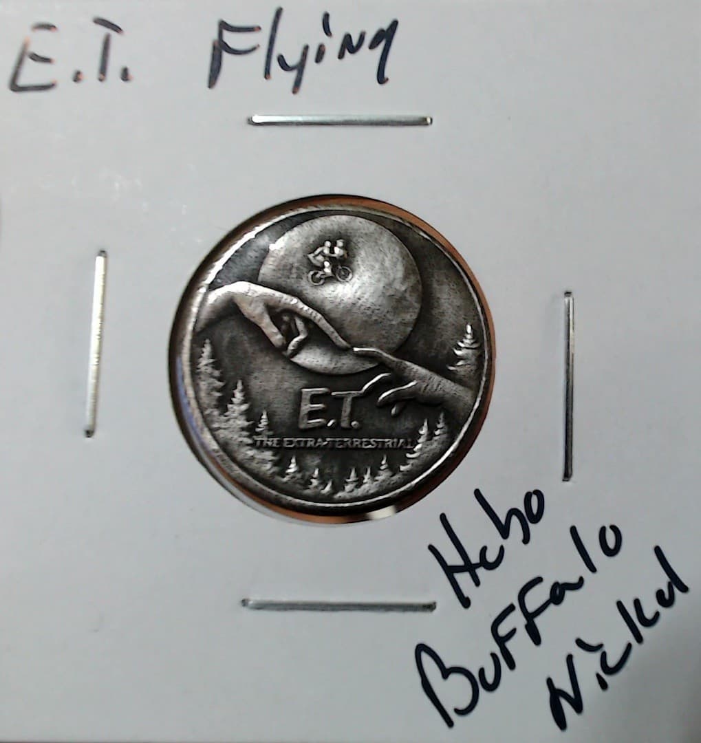 HOBO E.T. Flying Bicycle Moon From A REAL Buffalo Nickel SIGNED