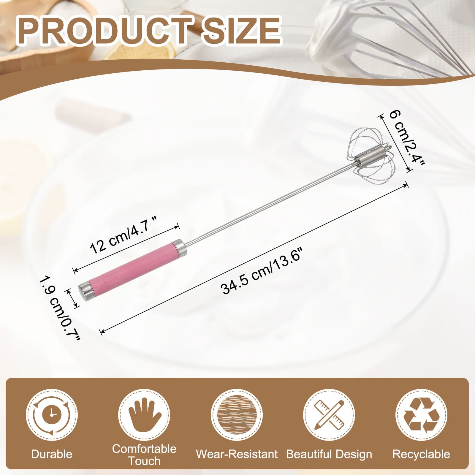 Stainless Steel Whisk, 13.6 Inch Semi-Automatic Whisking Tool, Pink 2