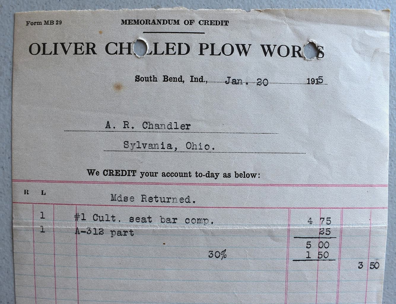 Oliver Chilled Plow Works Vintage 1915 Store Adv. Letterhead South Bend Indiana