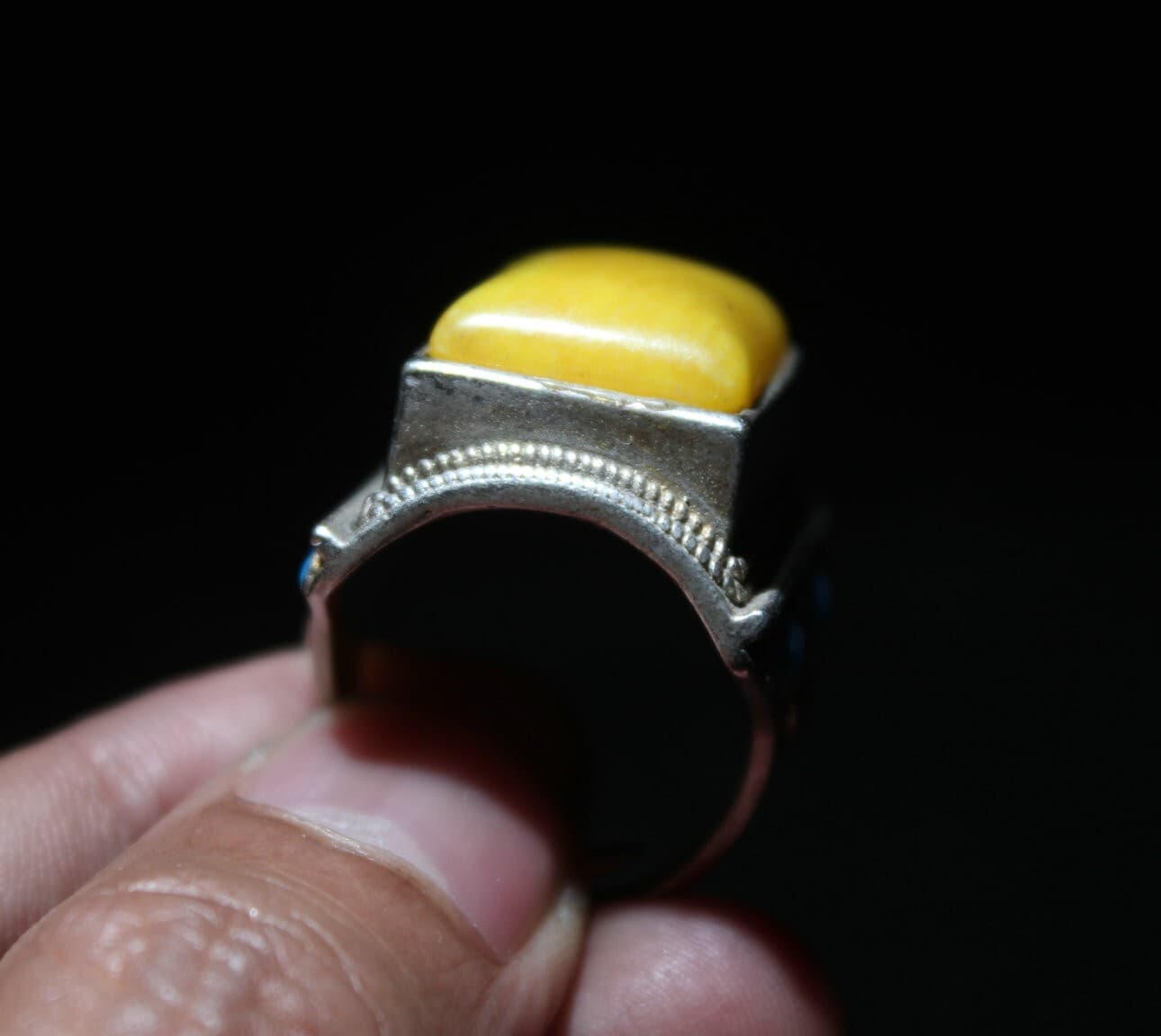 Rare Old Chinese Cloisonne Silver Inlay beeswax Gem Flower Jewelry Figure Ring 4