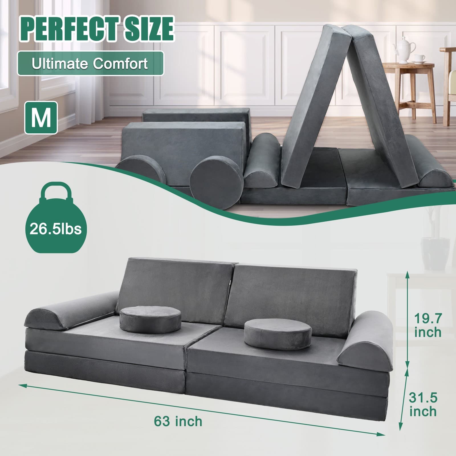 Kids Play Couch 10 pcs Modular Kids Play Couch High-density Foam Fold Out 3