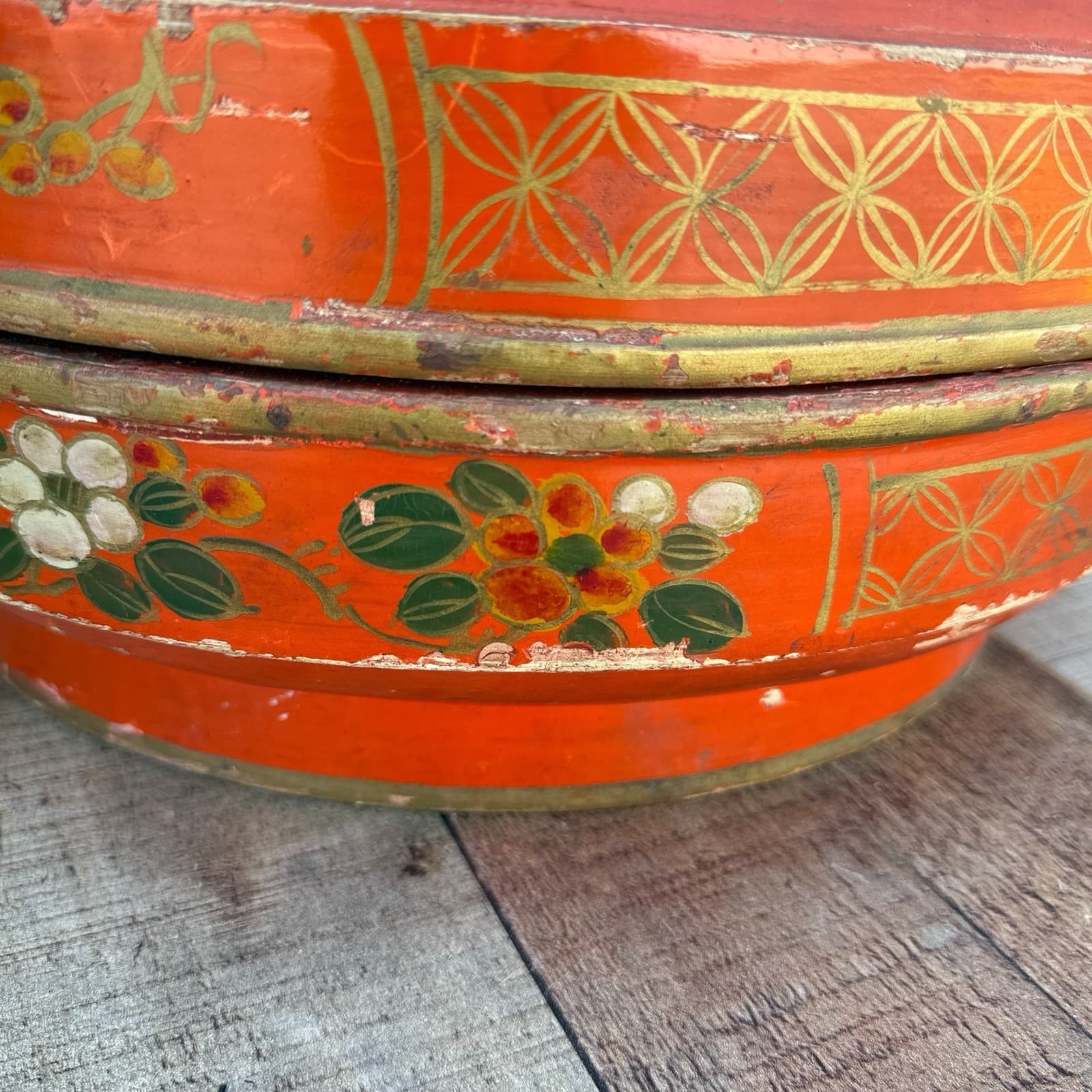 Antique Chinese Red Lacquer Large Round Wedding Box Floral Bird Signed 15.5” D 5