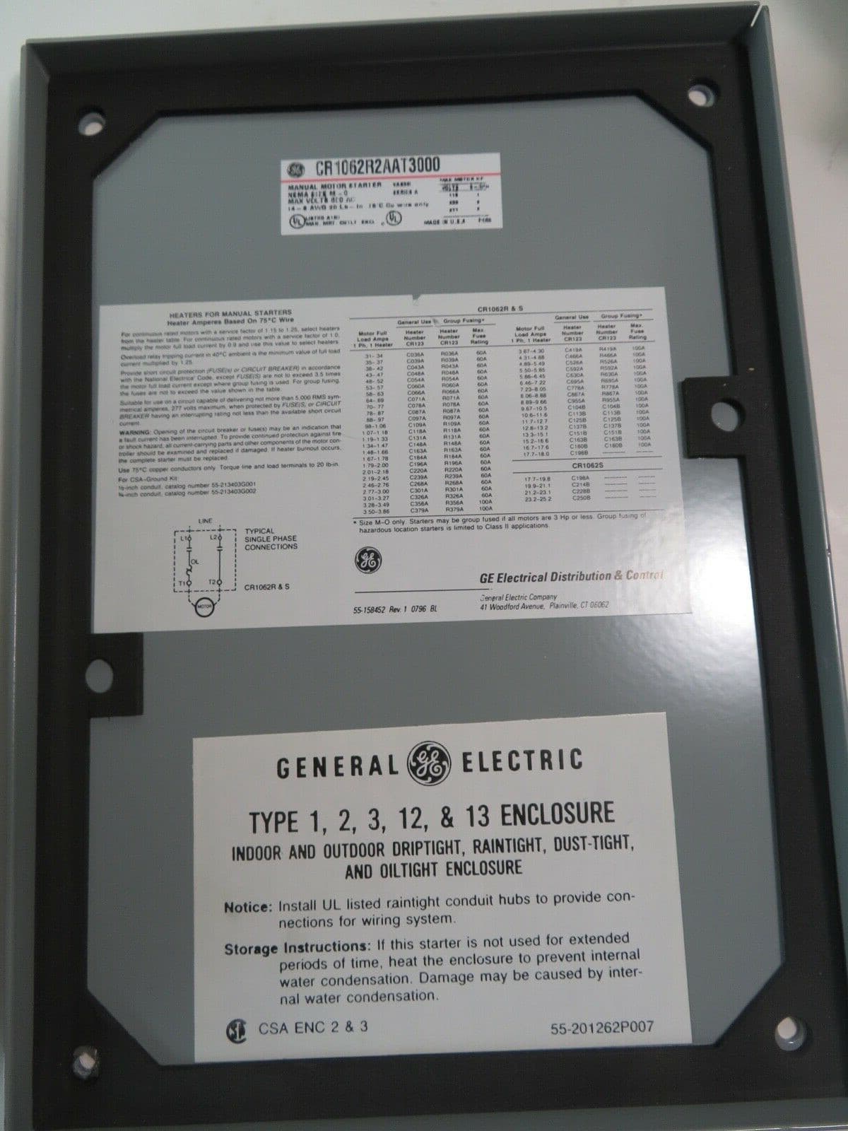 GE CR1062S2AAT3000 2P 1 O/L Nema M-1 Manual Motor Starter 10hp NEW 4