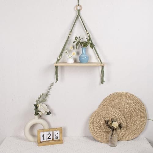  Green Macrame Wall Hanging Shelf, Boho Macrame Wall Decor for Green Brown 2