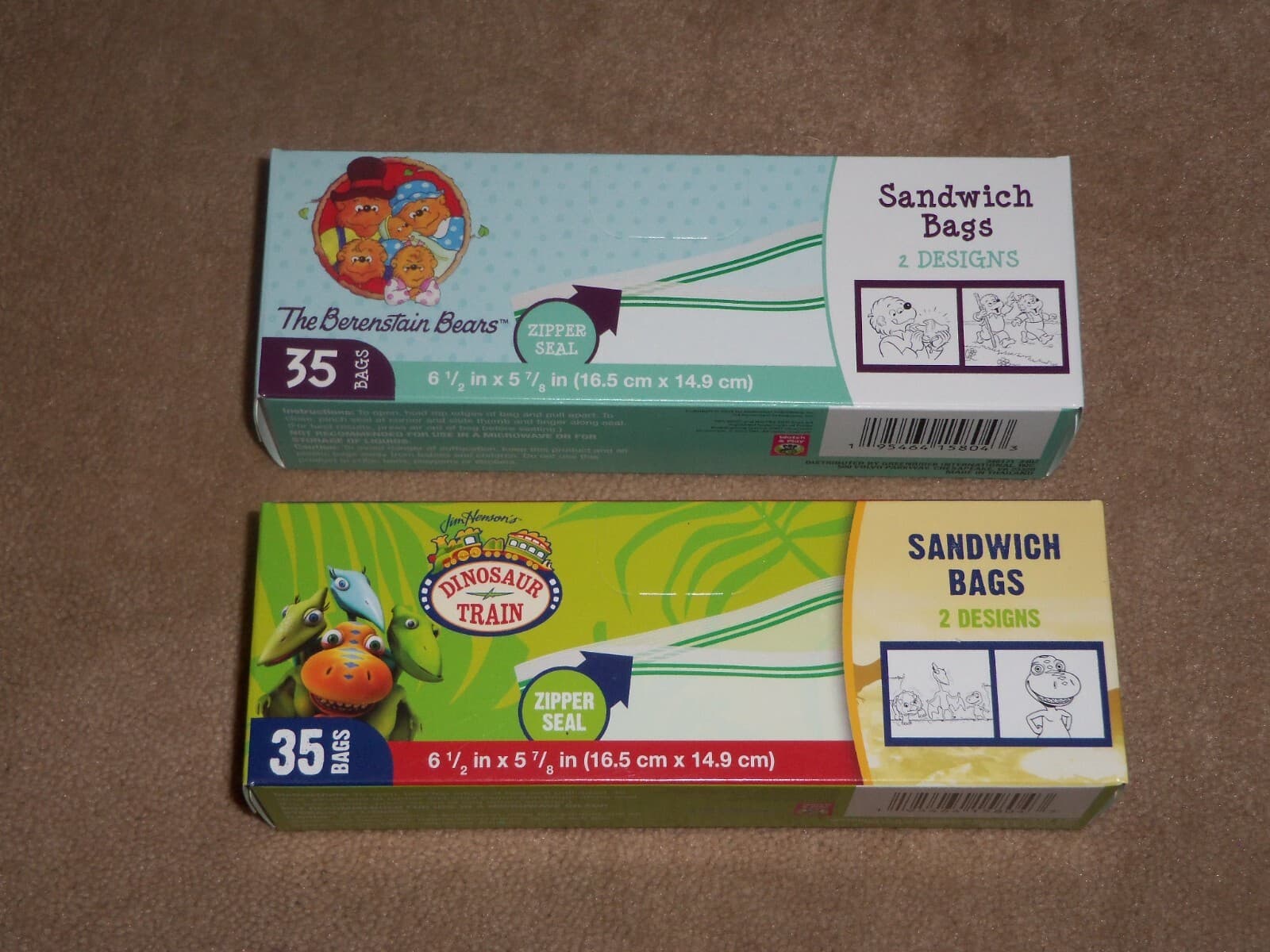 NEW, 2 BOXES OF CHARACTER SANDWICH BAGS, BERENSTAIN BEARS & DINOSAUR TRAIN