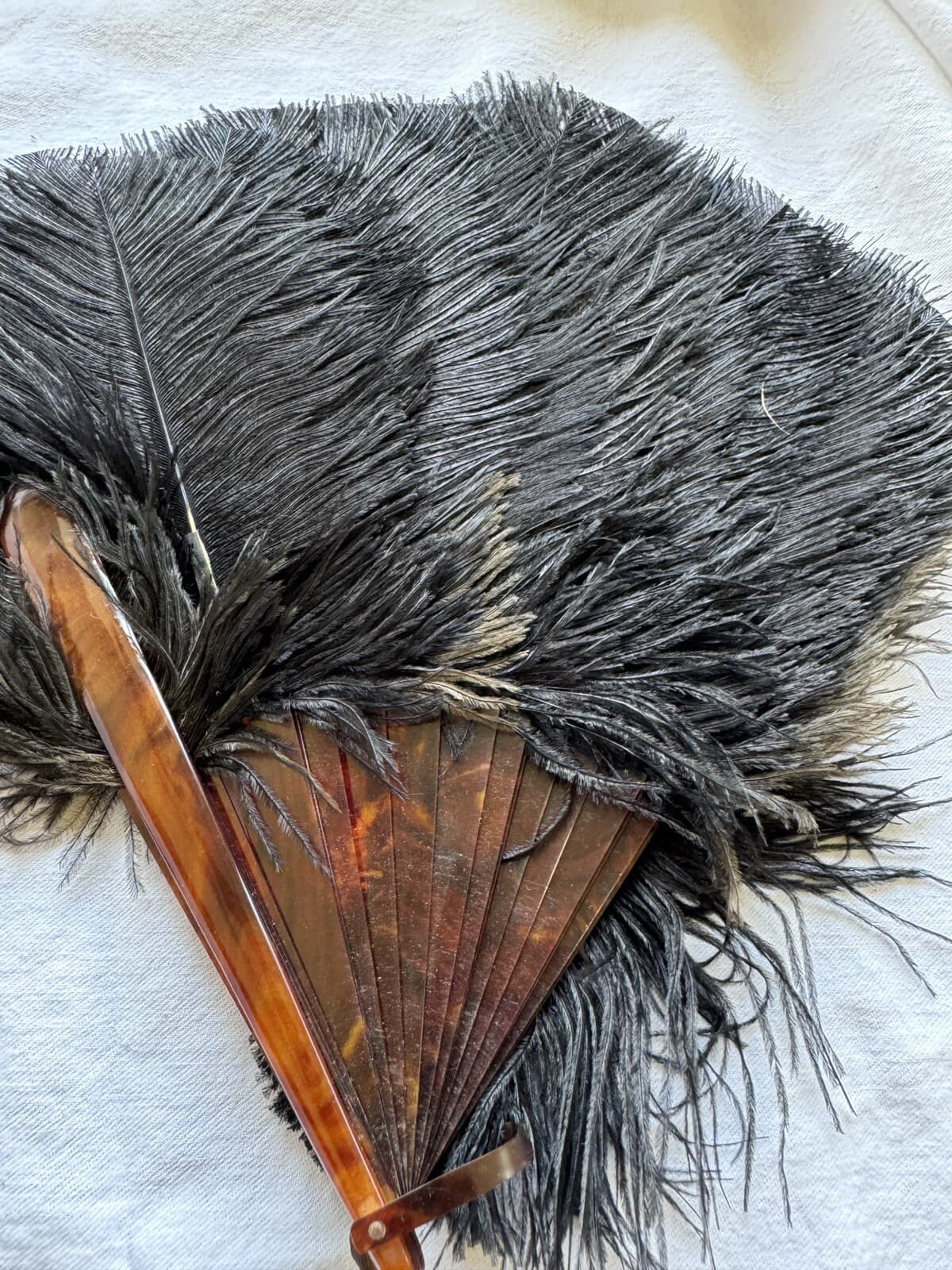 Edwardian Antique Ostrich Feather Mourning Hand Fan with Faux Tortoiseshell 2