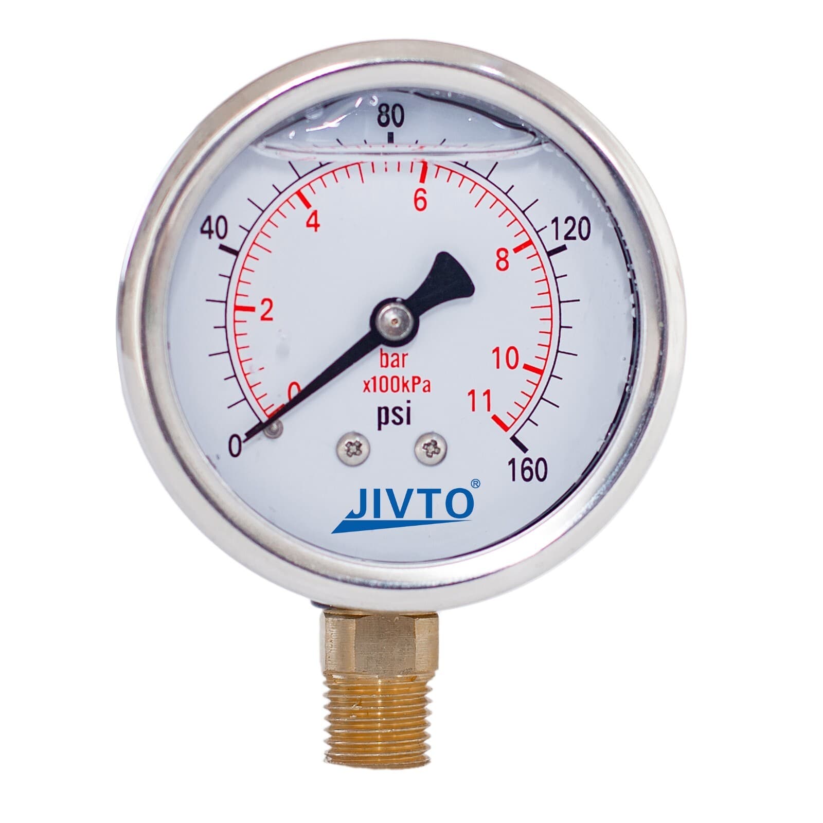 Pressure Gauge,Glycerin Filled,2-1/2" Dia,0-160 psi, 1/4 NPT Lower Mount