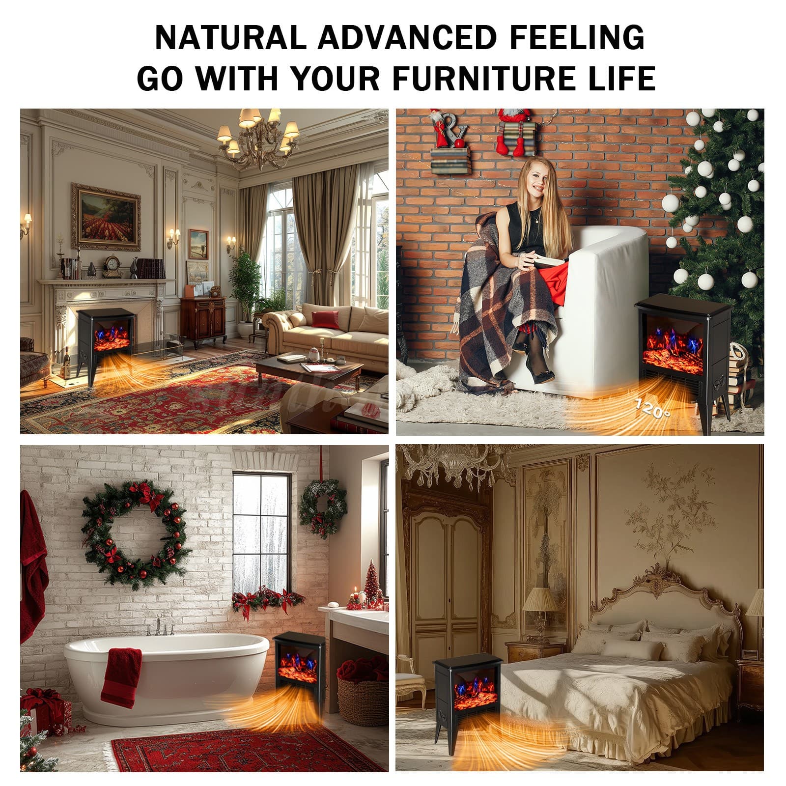 1500W Electric Fireplace Space Heater Simulated Fire Flame Brightness Adjustable 5