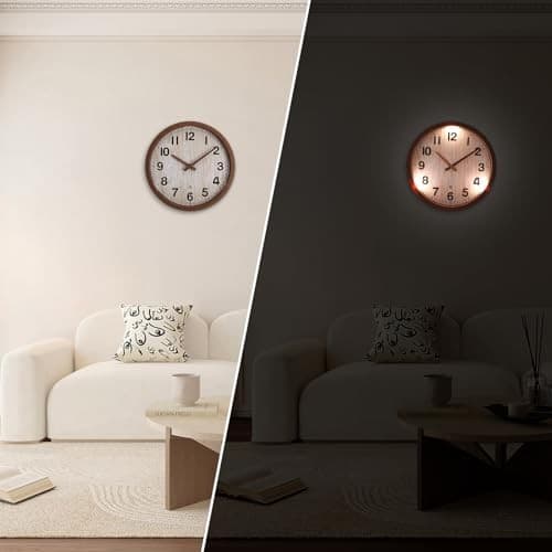  Night Light Wall Clock, 12 Inch Glow in The Dark Illuminated Silent Wood Color 5