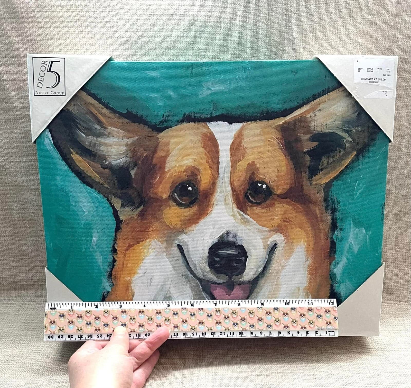 NEW 14”x 11”  Corgi Dog Print on Canvas, Teal 2 1/2 inches deep 2