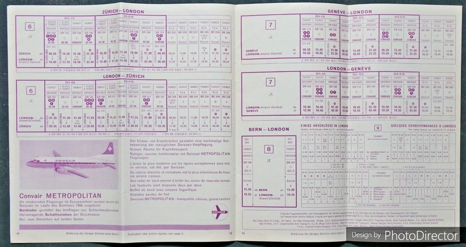 Rare 1956 German Language SwissAir Flight Schedule & Route Map 4