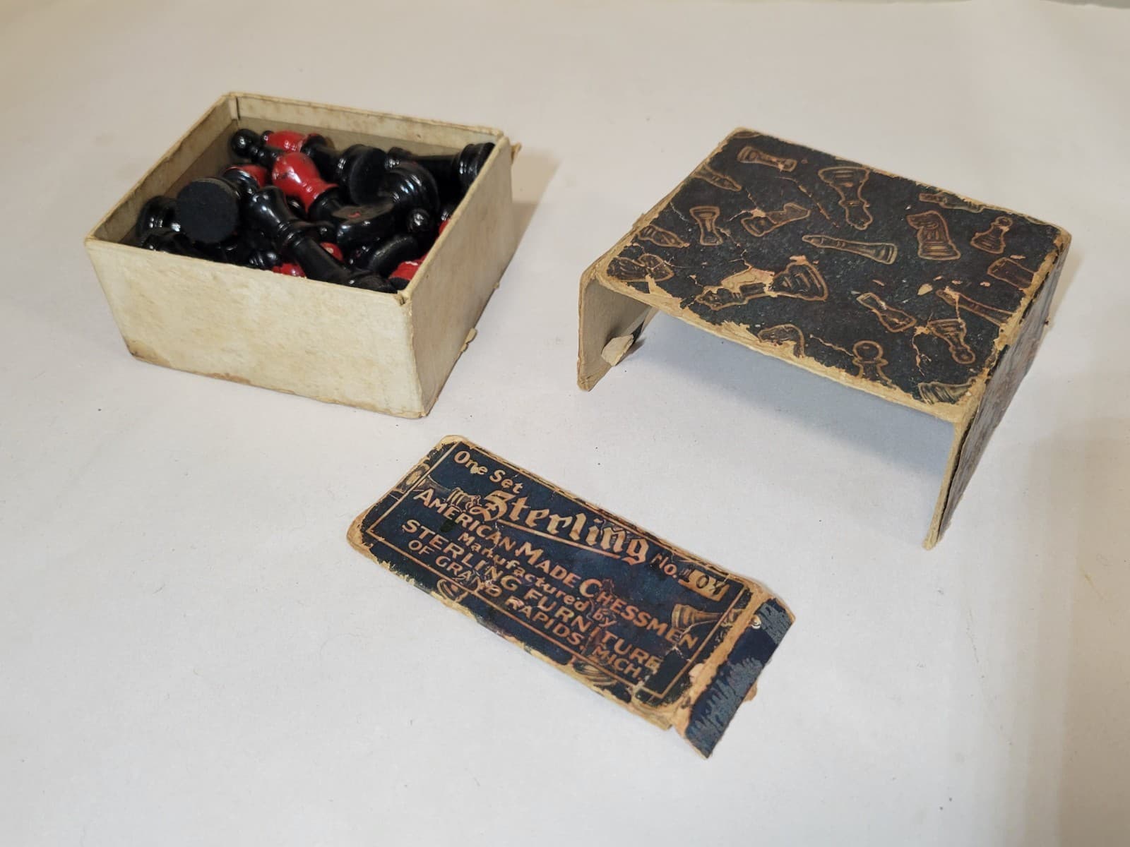 1920s Sterling Furniture Wood Chess Set Pieces Box Instructions Vintage Art Deco 4