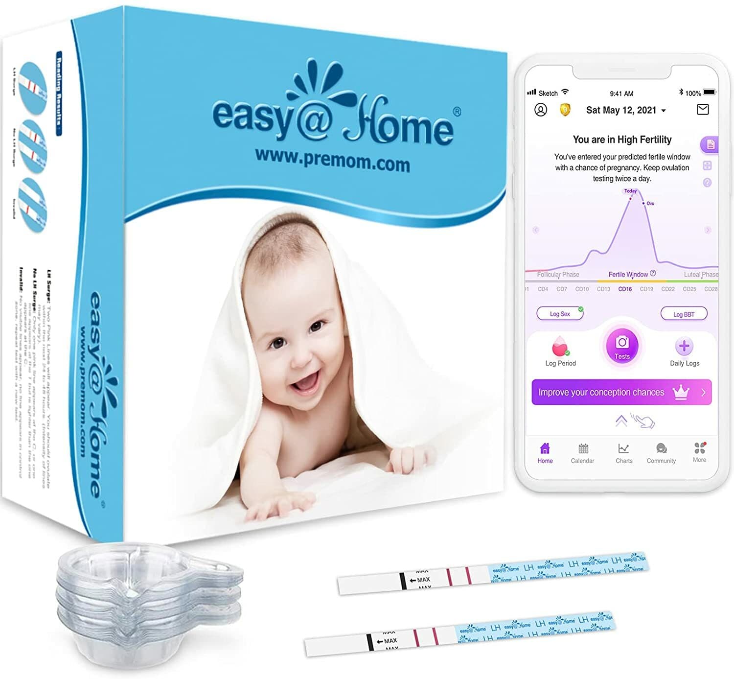 Easy@Home 50 Ovulation LH Tests + 50 Urine Cups – Fertility Predictor Kit
