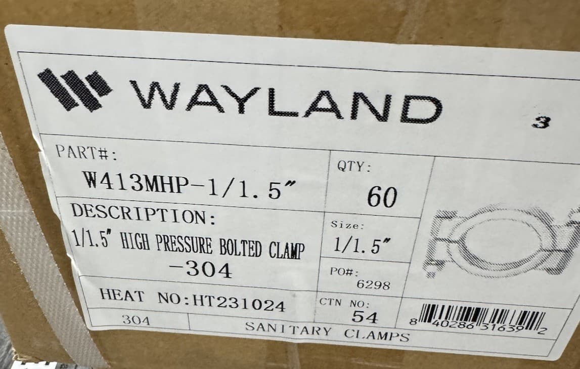 Lot of 3 Wayland W413MHP-1/15 1-1/2" High Pressure Clamp 304SS 2