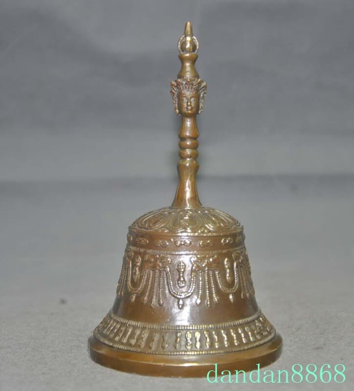 6.2" Tibetan Buddhism temple bronze Tara head Bell Chung chimes clock statue