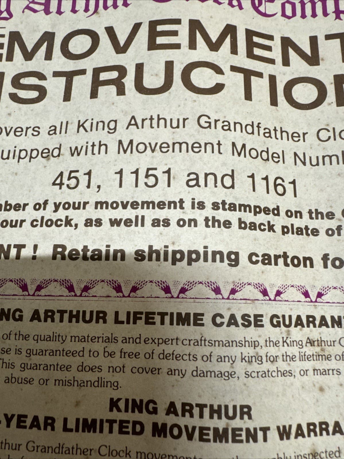 King Arthur Vintage Grandfather Clock  operating instructions manuel Movement 2
