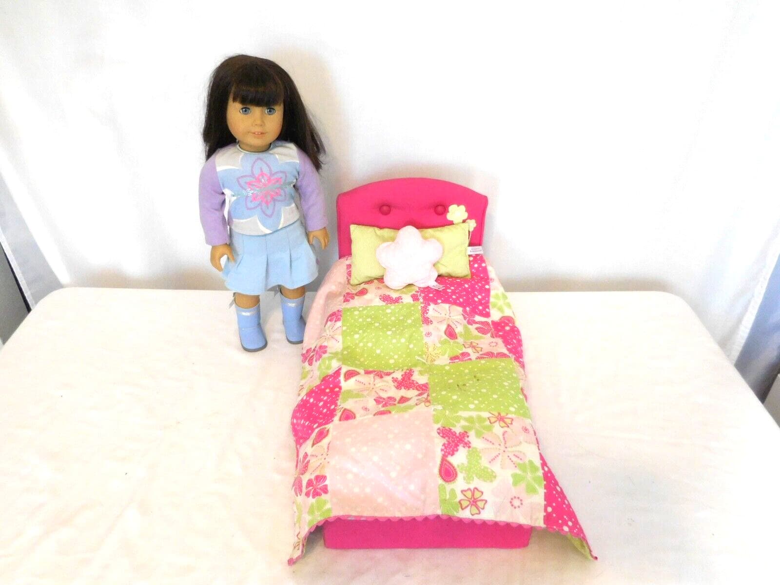 American Girl Retired Blossoms & Blooms Pink Floral Doll Bed & Bedding + Doll 4