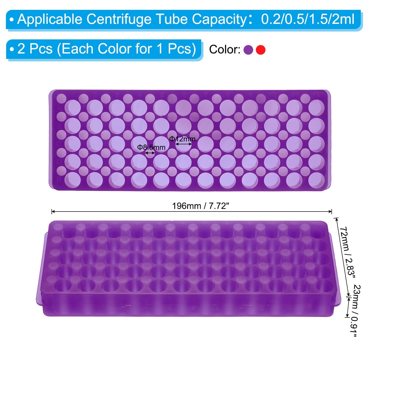 60 Wells Tube Rack, 1set Vial Rack for Tubes 0.2/0.5/1.5/2ml, Red,Purple 2